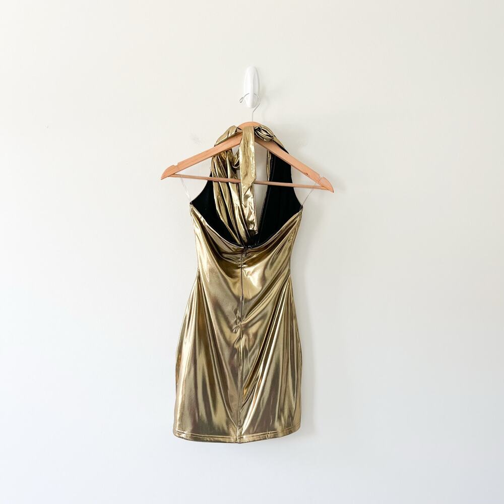 Babyboo Gold Halter Cowl Neck Fallon Stretch Mini Dress Size Medium - Picture 5 of 14